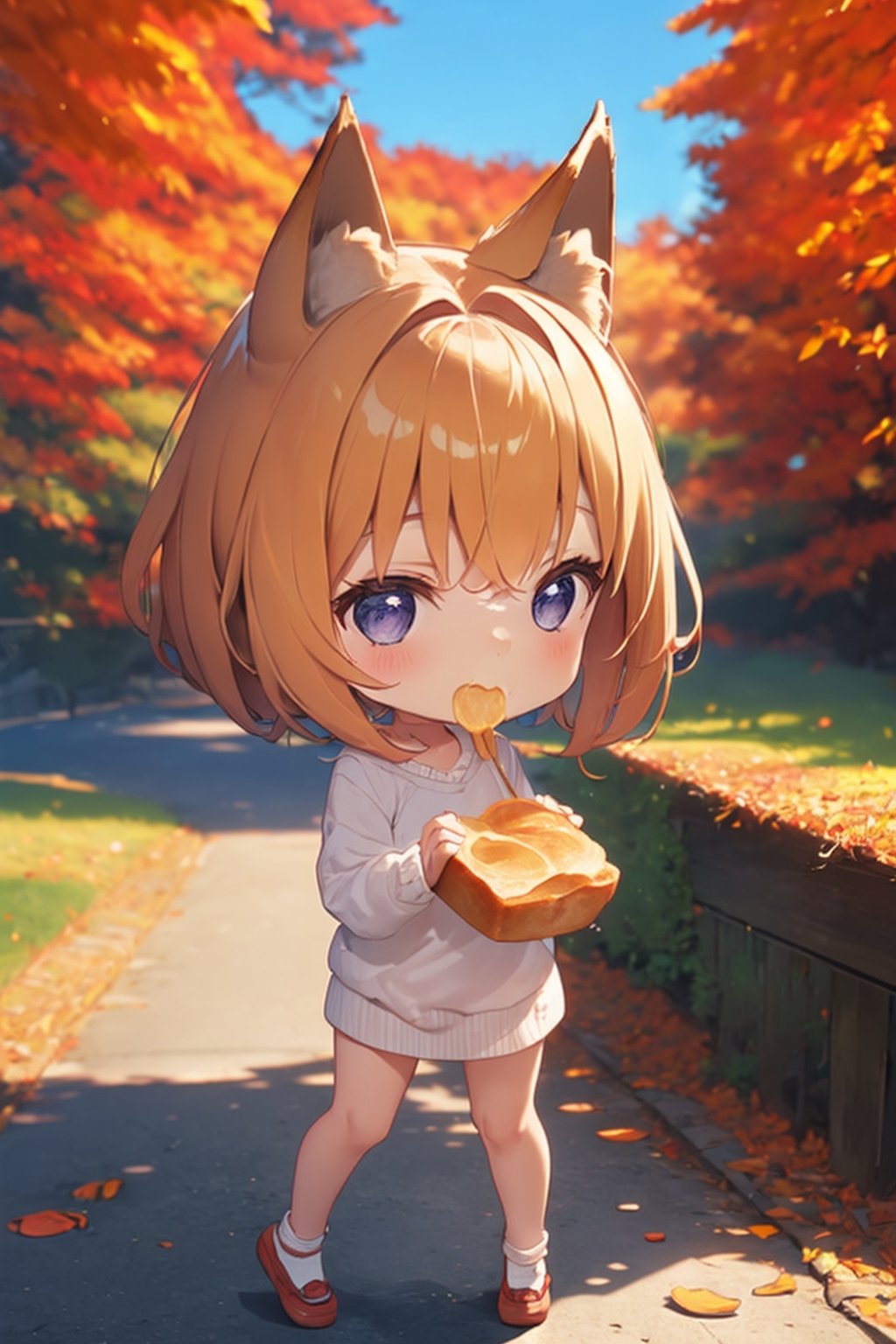 A cute girl with fox ears is eating bread in a vibrant Japanese autumn forest,  surrounded by a sea of colorful autumn lea...