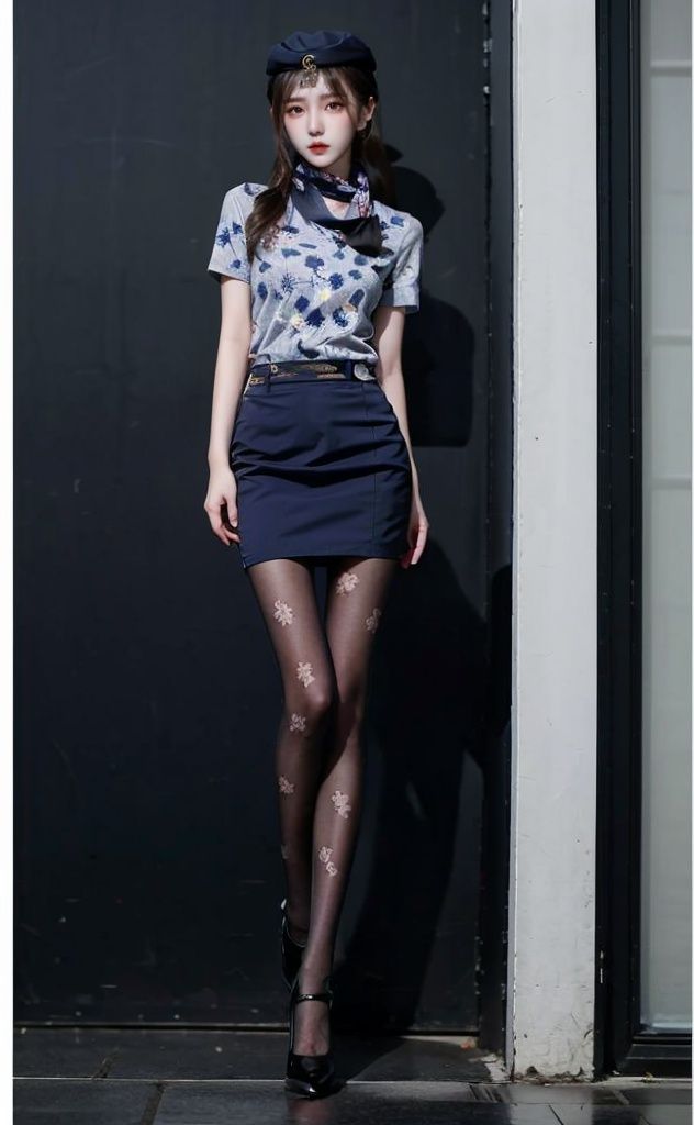 xiaowu,, solo,  1girl, blue shirt, blue skirt,floral print,print shirt,scarf,black pantyhose,hat