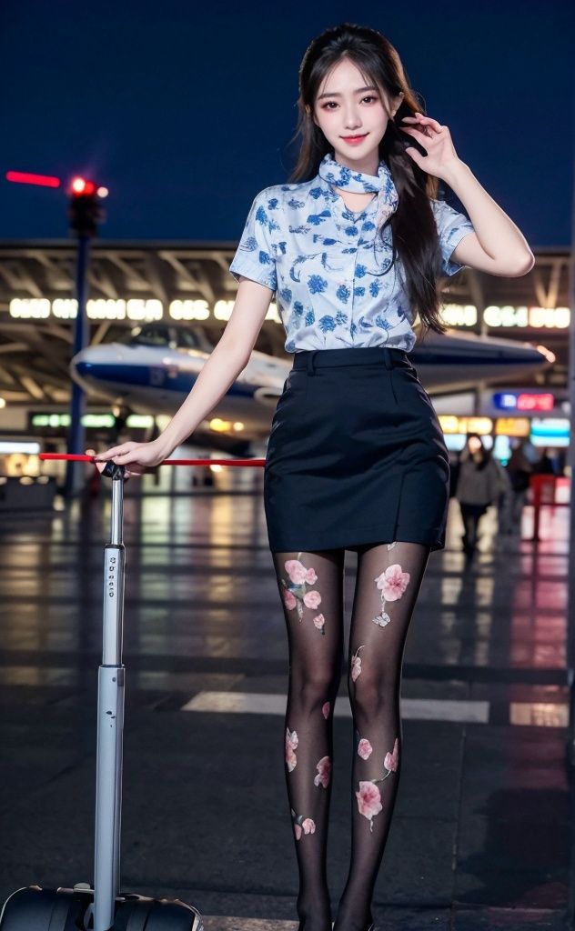 (Good anatomical structure), HDR, UHD, 8K, A real person, Highly detailed, best quality, masterpiece, 1girl, realistic, Highly detailed, (EOS R8, 50mm, F1.2, 8K, RAW photo:1.2), ultra realistic 8k,  solo,  1girl, blue shirt, blue skirt,floral print,print shirt,scarf,black pantyhose,long_hair,Wind, flowing hair,airport,aircraft,pose for picture,kind smile,looking_at_viewer,yanlingji