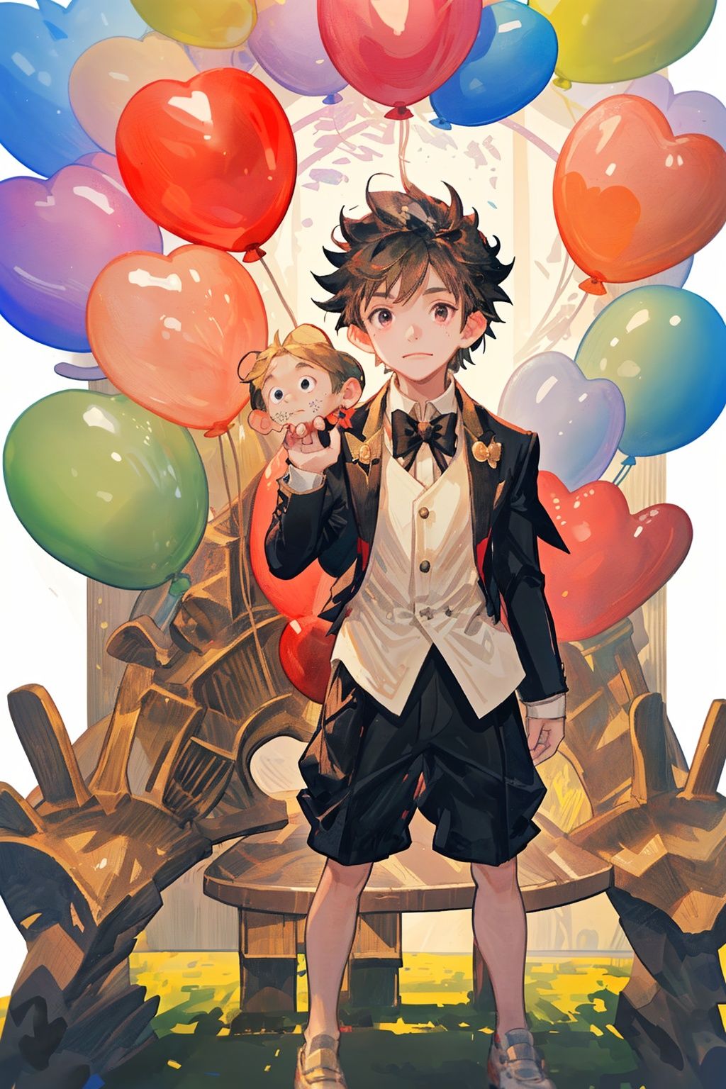 A handsome little boy, fairytale town, colorful balloons