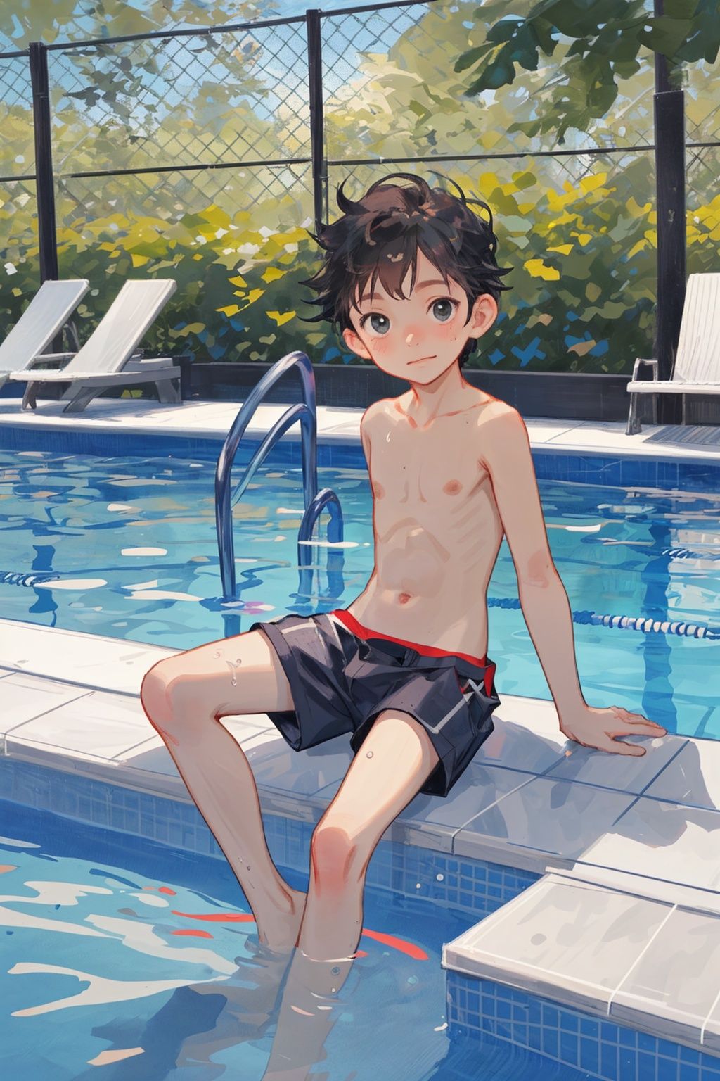 Cute little boy sitting by the pool, swimwear