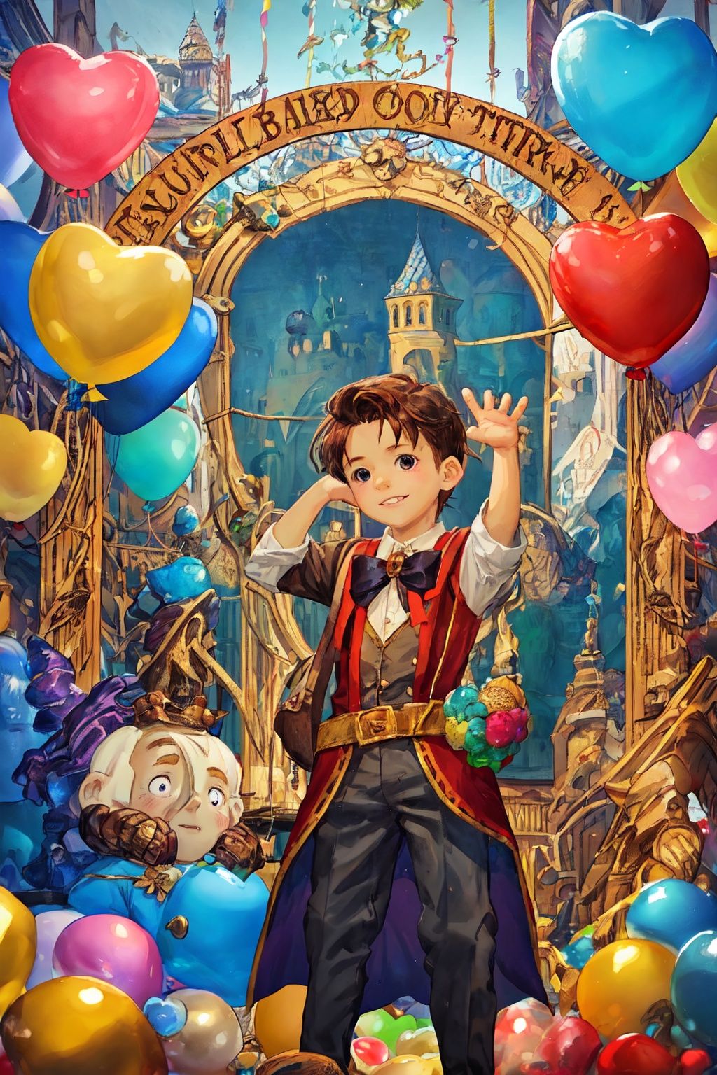 A handsome little boy, fairytale town, colorful balloons