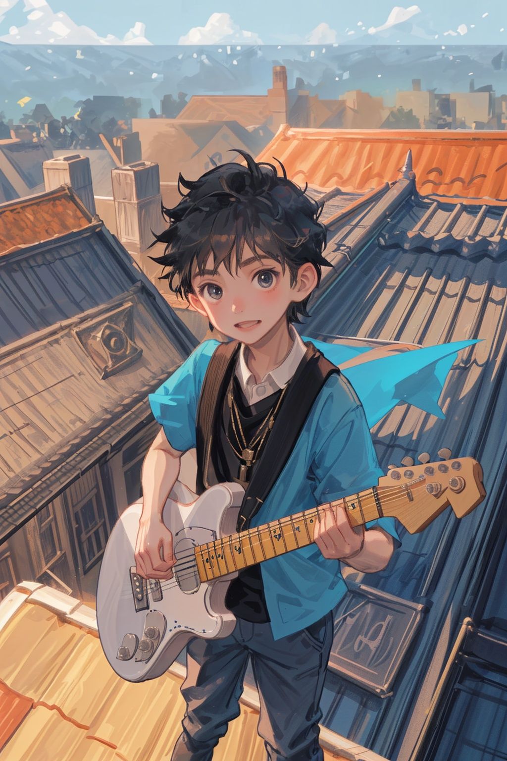 A handsome little boy with fantasy colors, playing a guitar on the roof