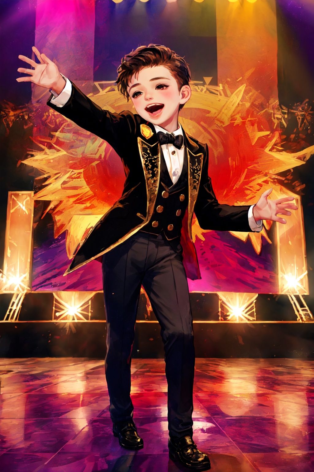 A handsome little boy with fantasy colors, dancing and singing on stage