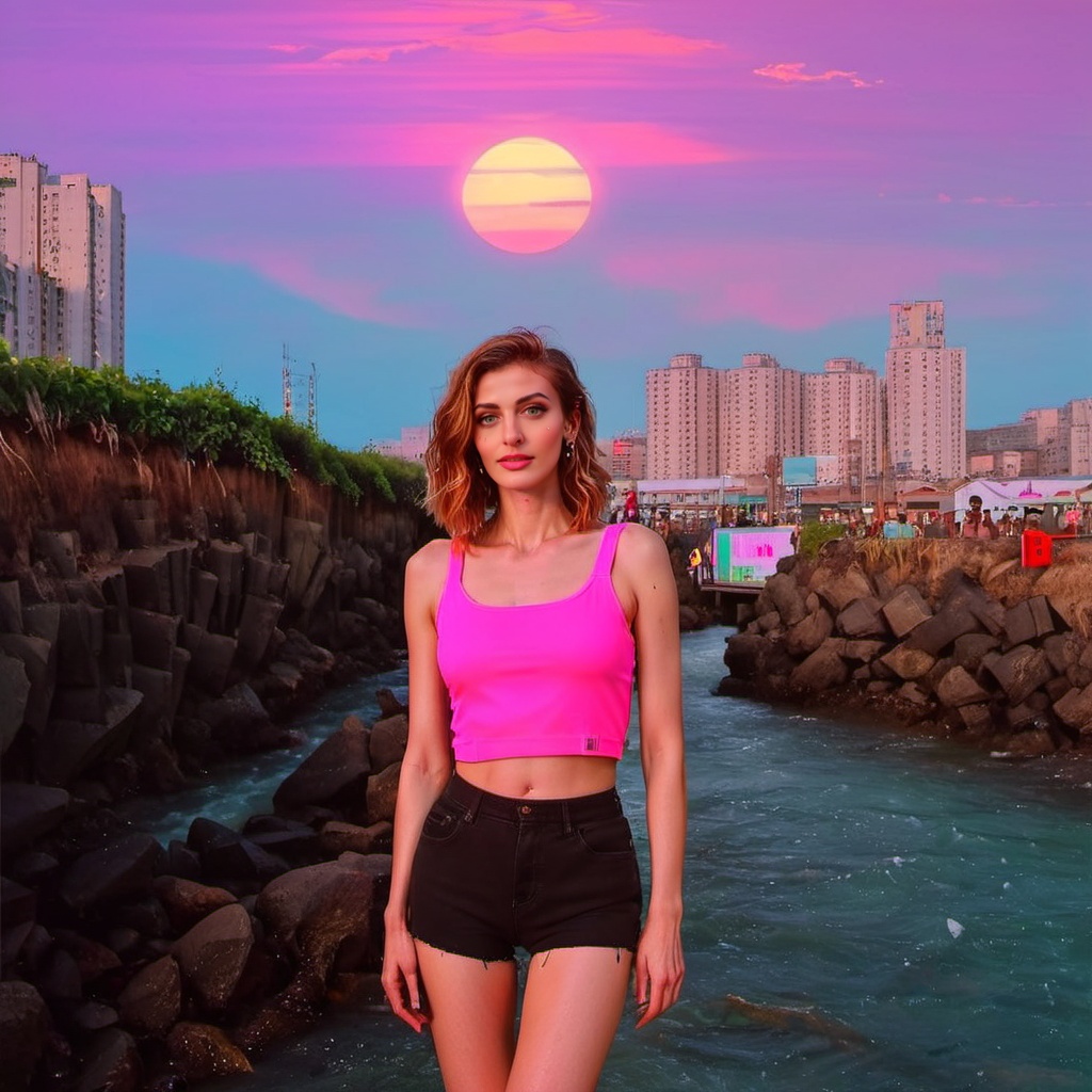 tall, slim face, thin body, three quarter portrait, slender athletic figure, stunning face, (expressive and deep [symmetrical eyes]) , cheerful and mischievous expression, (short hair shaved on one side) +++, [ ((intricately detailed dystopian neon lit cyberpunk background)) :, (in semi-darkness) ++, lighting from below and behind, dramatic expressive background, RAW colour, ray tracing,| cinematic shot photographed with DSLR, 50mm lens, shutter speed 1/100 sec, ISO 150| super detailed, hyper photorealistic, (8kK, UHD, super resolution, diffused lighting) +, textures of natural reflections, cinematic lighting,close up of a well-built (beautiful woman, ([maximum detailed hair is a riot of pink, a vivid shade that defies description. It falls in wild, untamed waves around her face, framing her features in a halo of color.:1.3) , wearing fluorescent pink High-waisted shorts and **** top, at Dawn, soft focus, Sketched, Classicism Art, film grain, Phase One XF IQ4 150MP, Fish-eye Lens, One Color, <lora:katu:1> <lora:bdsm_SDXL_1_:0.79>  <lora:vhsart:1>