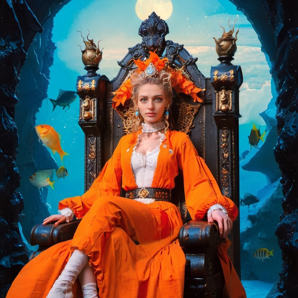aw0k euphoric style, photograph, Golden ratio, hyper detailed, beautiful woman of [Ice|Development] sitting in a Dire Throne, dark orange Ruff, Spring, Baroque Art, film grain, Canon RF, Fish-eye Lens, <lora:katu:1> <lora:vhsart:1>