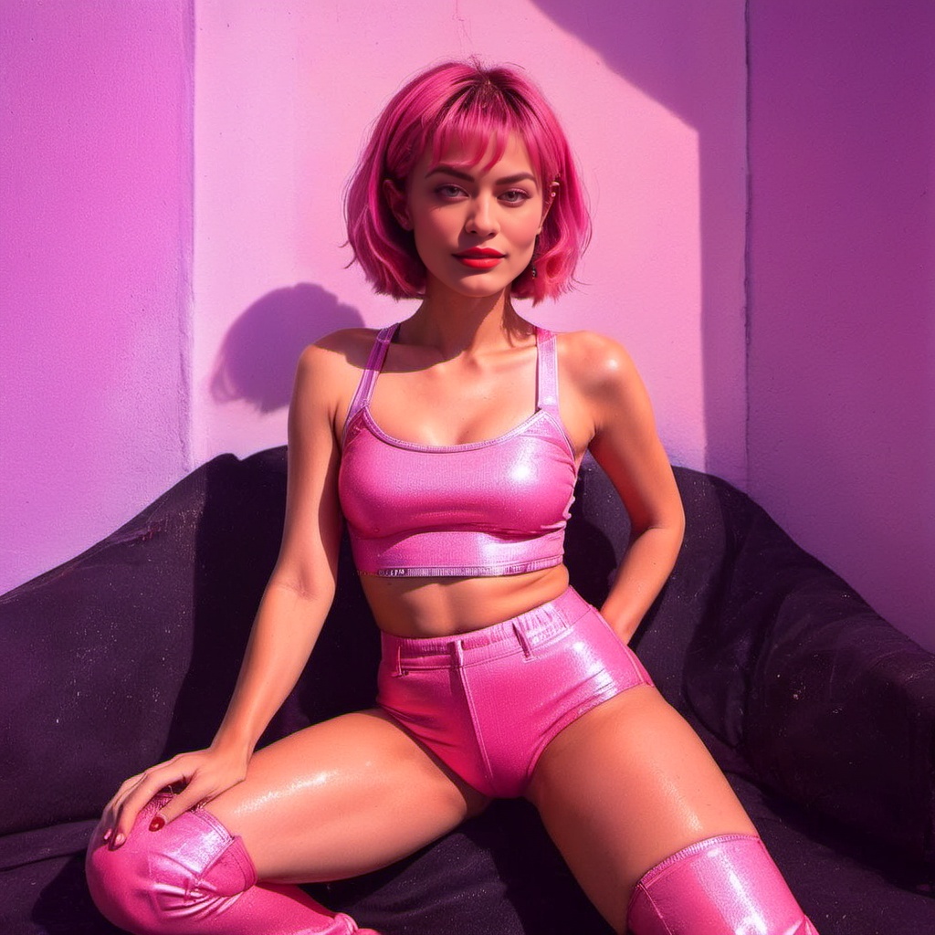 tall, slim face, thin body, ((SHREK)), three quarter portrait, slender athletic figure, stunning face, (expressive and deep [symmetrical eyes]) , cheerful and mischievous expression, (short hair shaved on one side) +++, [ ((intricately detailed dystopian neon lit cyberpunk background)) :, (in semi-darkness) ++, lighting from below and behind, dramatic expressive background, RAW colour, ray tracing,| cinematic shot photographed with DSLR, 50mm lens, shutter speed 1/100 sec, ISO 150| super detailed, hyper photorealistic, (8kK, UHD, super resolution, diffused lighting) +, textures of natural reflections, cinematic lighting,close up of a well-built (beautiful woman, ([maximum detailed hair is a riot of pink, a vivid shade that defies description. It falls in wild, untamed waves around her face, framing her features in a halo of color.:1.3) , wearing fluorescent pink High-waisted shorts and **** top, at Dawn, soft focus, Sketched, Classicism Art, film grain, Phase One XF IQ4 150MP, Fish-eye Lens, One Color, <lora:bdsm_SDXL_1_:0.79>  <lora:vhsart:1> <lora:dalle-000007:0.7>