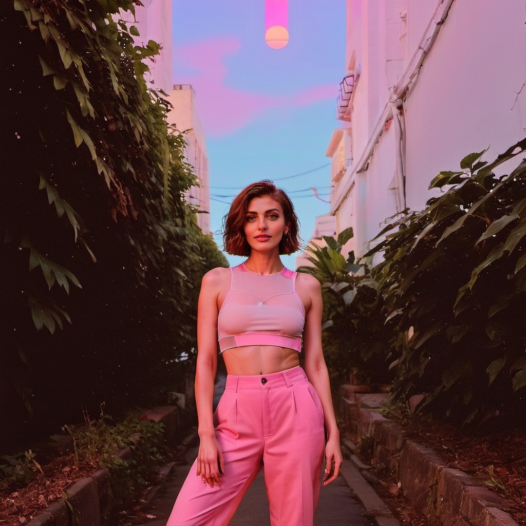 tall, slim face, thin body, three quarter portrait, slender athletic figure, stunning face, (expressive and deep [symmetrical eyes]) , cheerful and mischievous expression, (short hair shaved on one side) +++, [ ((intricately detailed dystopian neon lit cyberpunk background)) :, (in semi-darkness) ++, lighting from below and behind, dramatic expressive background, RAW colour, ray tracing,| cinematic shot photographed with DSLR, 50mm lens, shutter speed 1/100 sec, ISO 150| super detailed, hyper photorealistic, (8kK, UHD, super resolution, diffused lighting) +, textures of natural reflections, cinematic lighting,close up of a well-built (beautiful woman, ([maximum detailed hair is a riot of pink, a vivid shade that defies description. It falls in wild, untamed waves around her face, framing her features in a halo of color.:1.3) , wearing fluorescent pink High-waisted shorts and **** top, at Dawn, soft focus, Sketched, Classicism Art, film grain, Phase One XF IQ4 150MP, Fish-eye Lens, One Color, <lora:katu:1> <lora:bdsm_SDXL_1_:0.79>  <lora:vhsart:1>