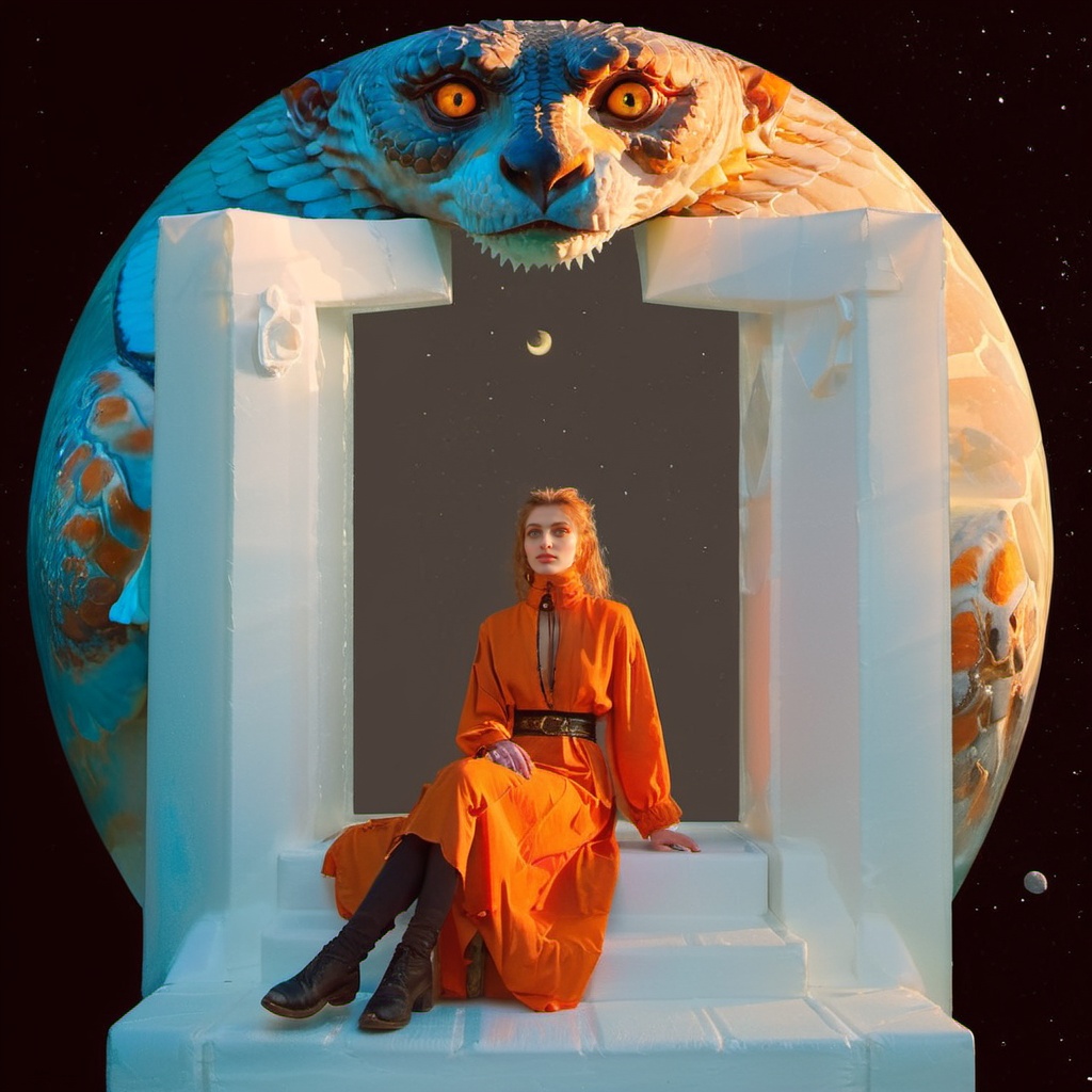 aw0k euphoric style, photograph, Golden ratio, hyper detailed, beautiful woman of [Ice|Development] sitting in a Dire Throne, dark orange Ruff, Spring, Baroque Art, film grain, Canon RF, Fish-eye Lens, <lora:katu:1> <lora:vhsart:1>