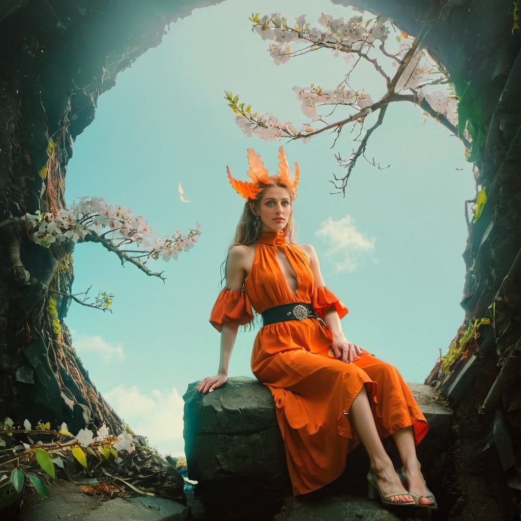 aw0k euphoric style, photograph, Golden ratio, hyper detailed, beautiful woman of [Ice|Development] sitting in a Dire Throne, dark orange Ruff, Spring, Baroque Art, film grain, Canon RF, Fish-eye Lens, <lora:katu:1> <lora:vhsart:1>