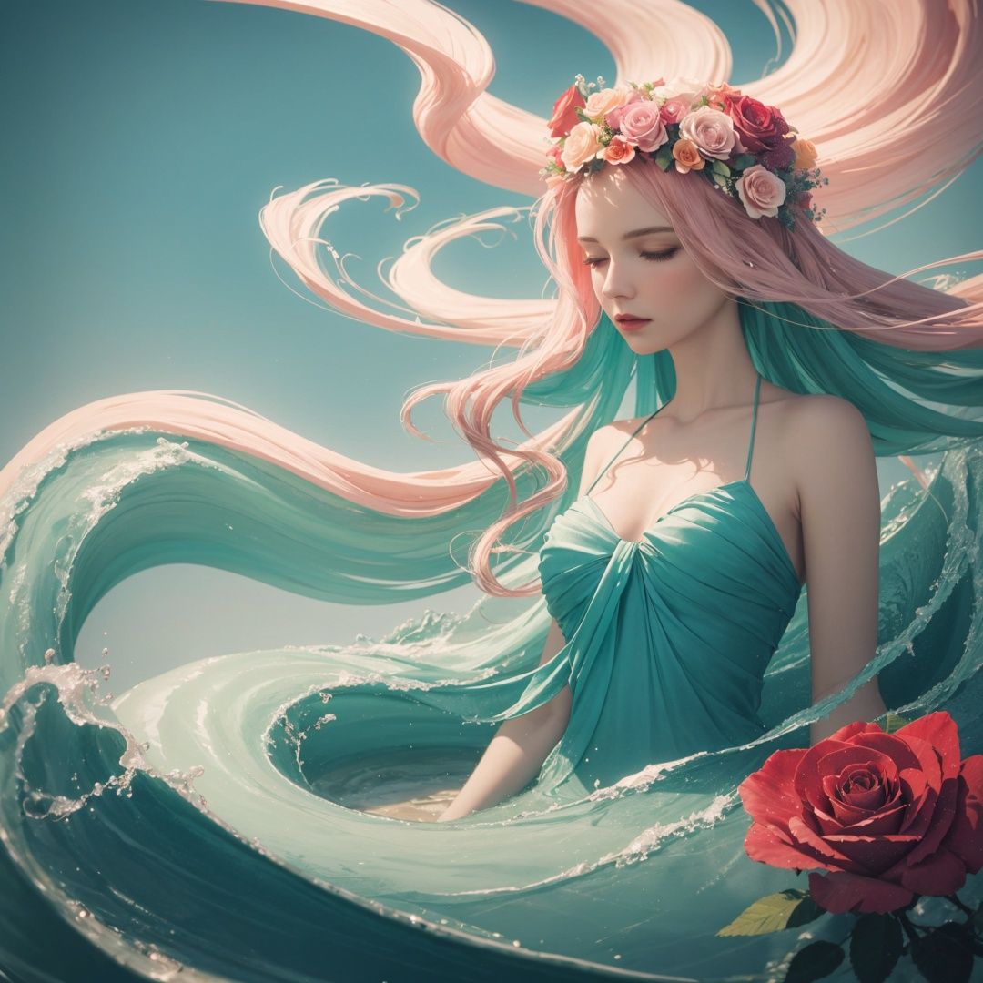 Whimsical fantasy elegant rose floral botany minimalism with a wave of flower, garden flowing flowers floating in a hazy pastel pink, Aqua green, Soft apricots, Smoke fractals, Moody and massively realistic flowers, Octane rendering, Josephine Wall Art, Isabel Menin, jane, Amy brown, masterpiece, best quality,