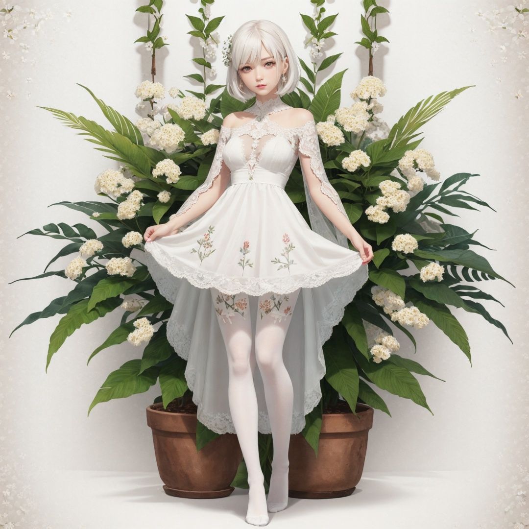 white pantyhose,no shoes, watercolor, masterpiece, best quality, extremely detailed, 1girl, full body, beautiful detailed eyes, cute anime face, full body, beautiful detailed face, white hair, (Botanical illustration:1.5), white dress,