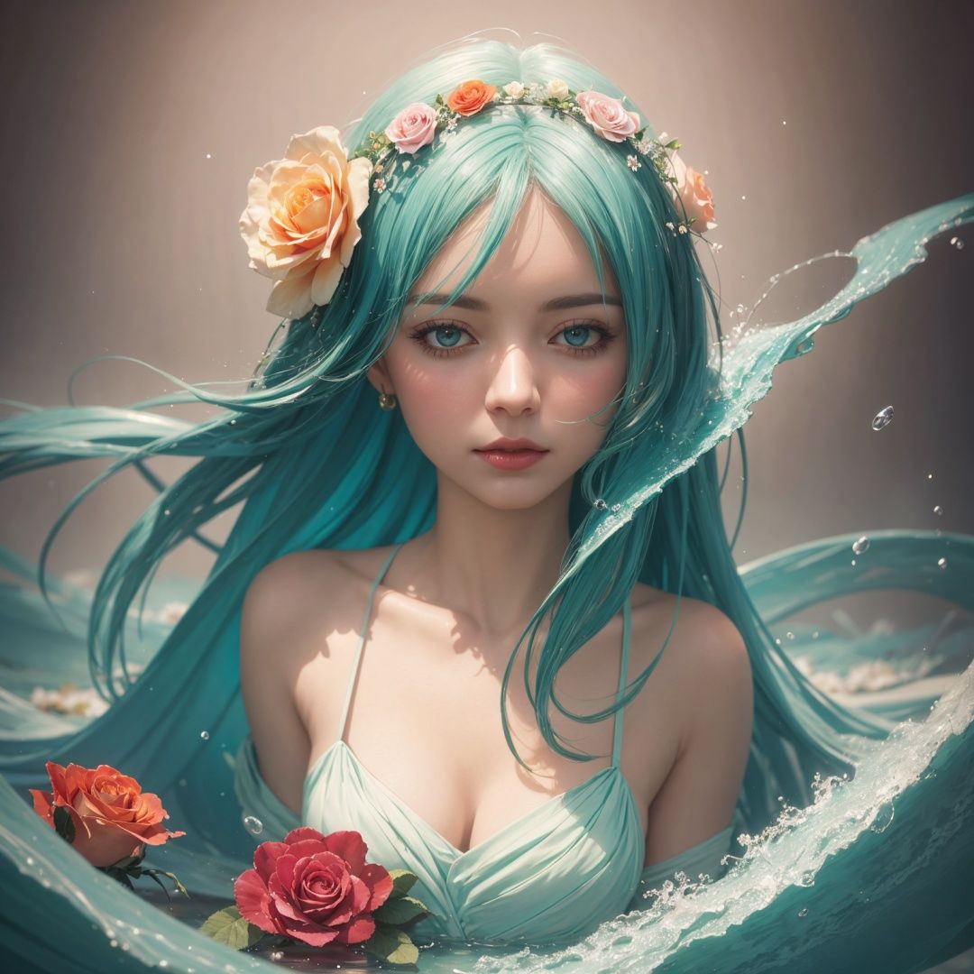 close-up,  Whimsical fantasy elegant rose floral botany minimalism with a wave of flower,  garden flowing flowers floating...