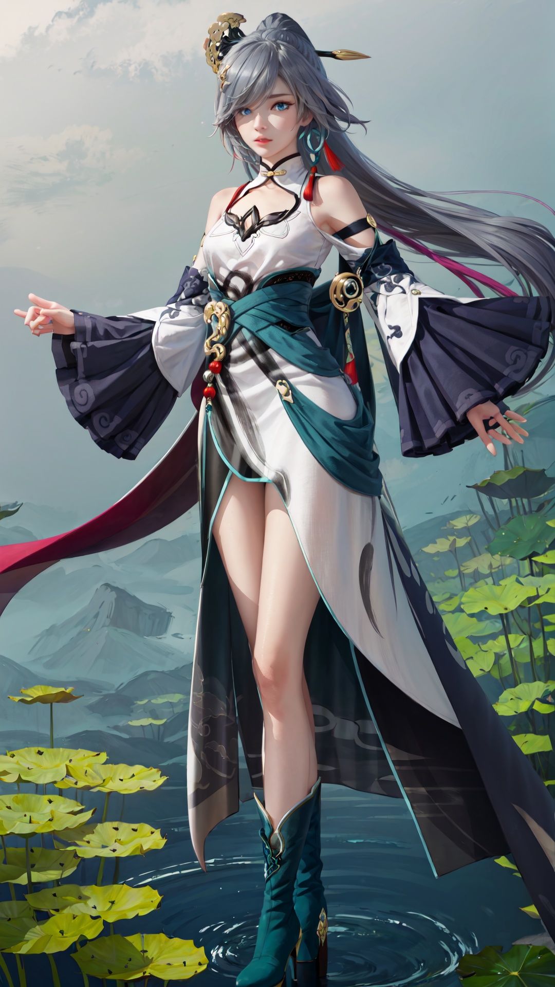 flower,gradient,gradient_background,lily_\(flower\),lotus,1girl,solo,lily_pad,grey_background,pink_flower,long_hair,
yunmo, 1girl, fu hua, hair over one eye, chinese clothes, blue eyes, very long hair, china dress, boots, dress, hair ornament, bare shoulders, bangs, ponytail,yunmo