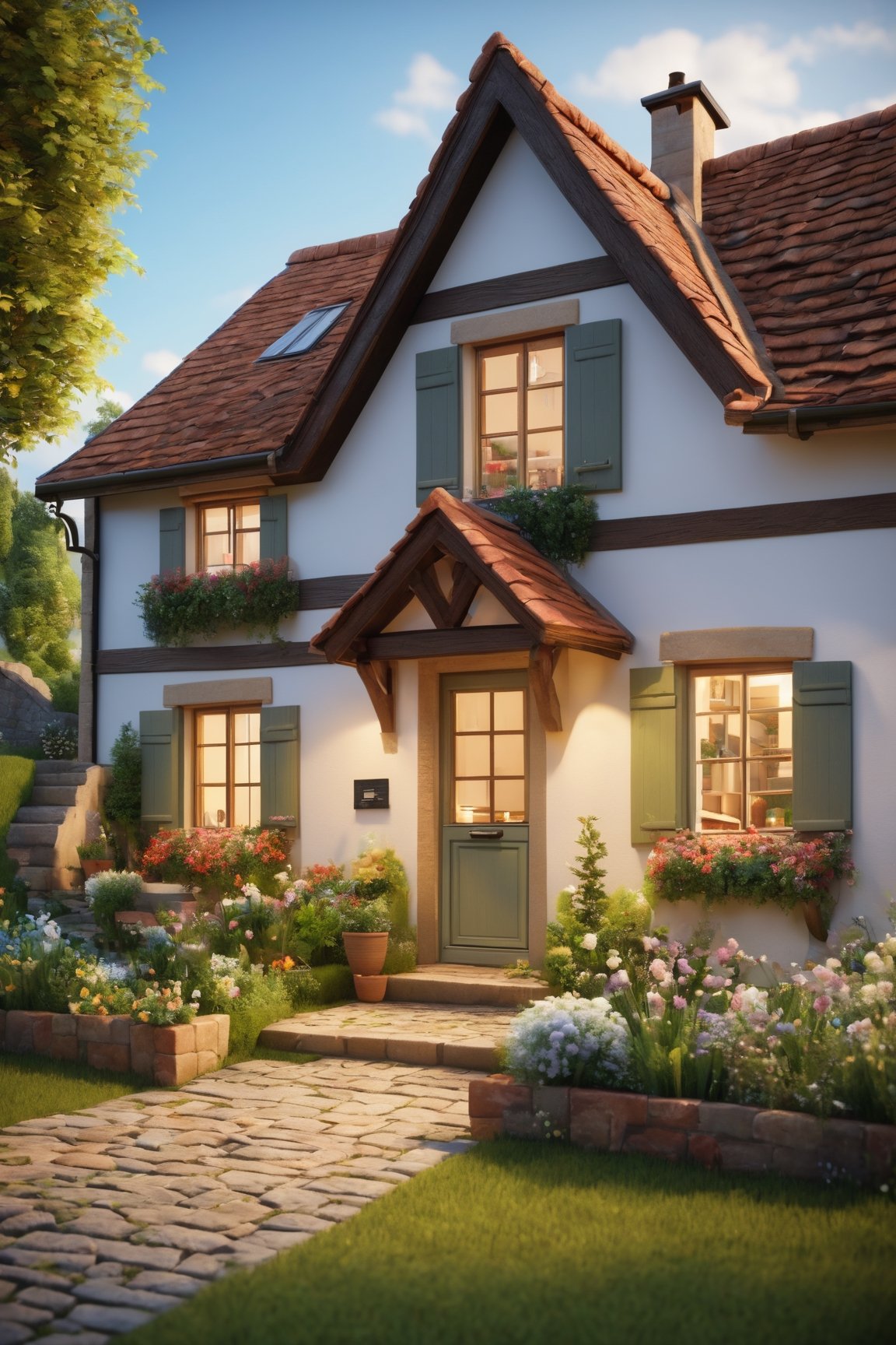 Inviting 3D render,  depicting a cozy house nestled in a quaint village setting. The house exudes warmth and comfort,  wit...