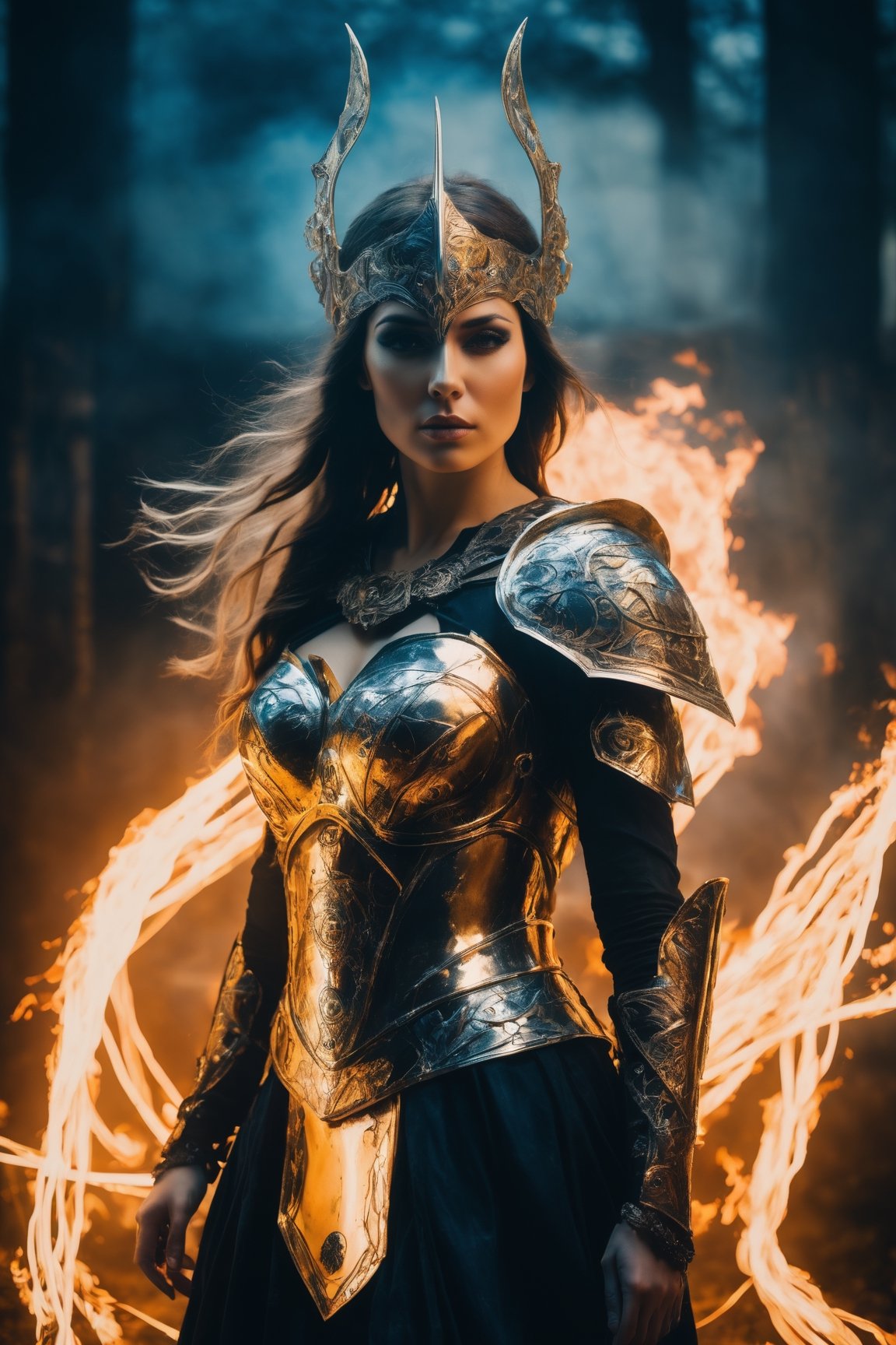 Immerse yourself in an ethereal and artistic composition featuring a metal maiden chaos warrior akin to Superman,  surroun...