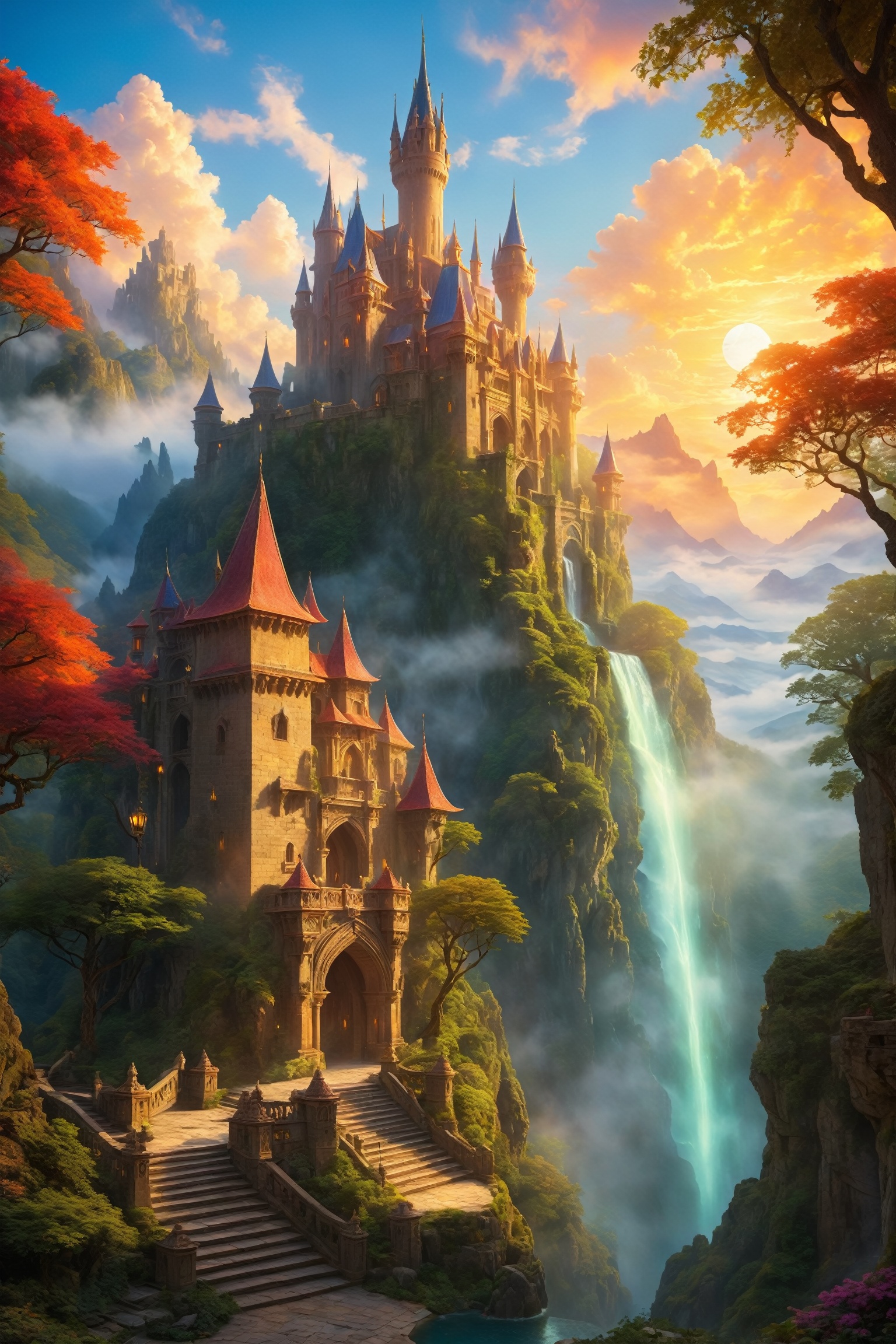 (epic fantasy castle perched on a mountainside,  dragons soaring overhead,  knights guarding gates on Tensor.Art