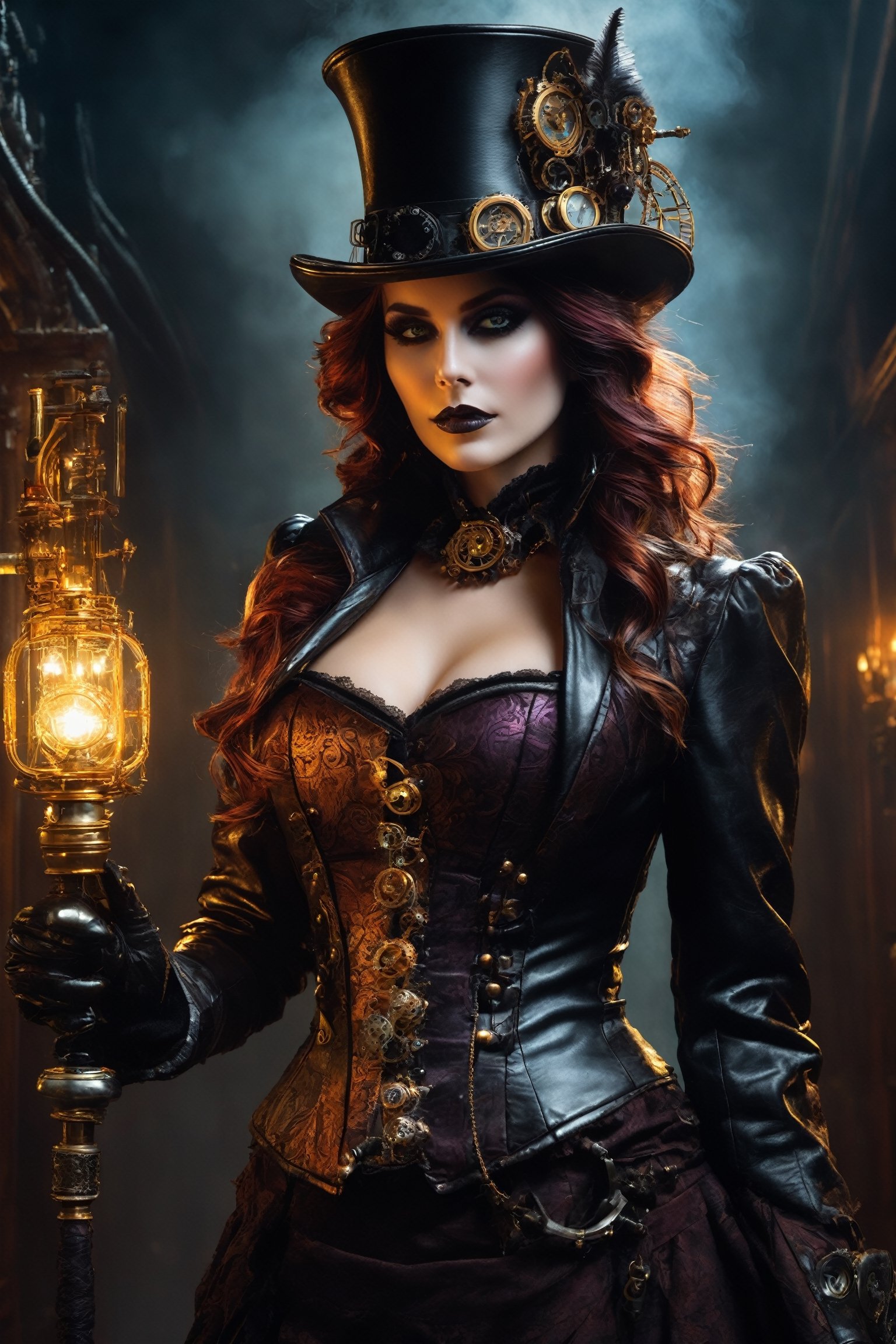 (hyper-realistic portrayal),  (captivating lich steampunk character),  (flowing hair) on Tensor.Art