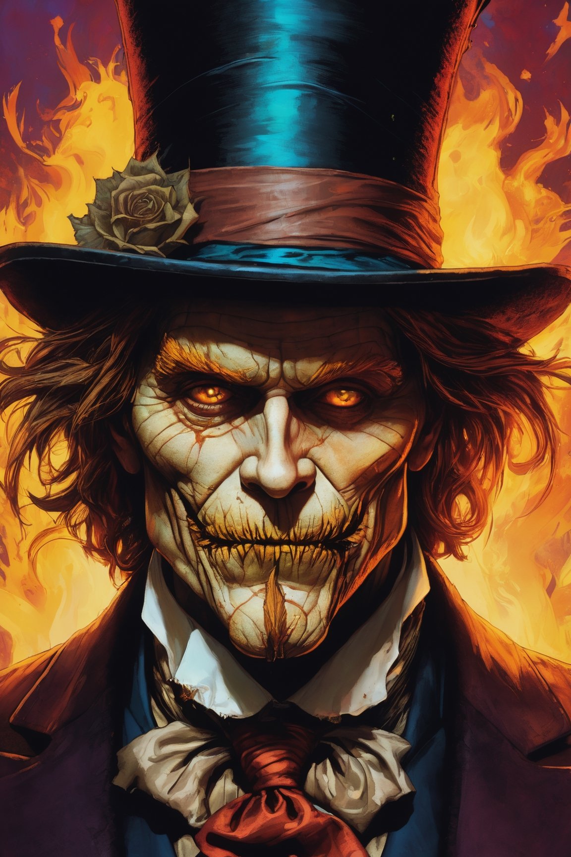 A close up of a man wearing a top hat,  john picacio and brom,  willem dafoe as scarecrow on Tensor.Art