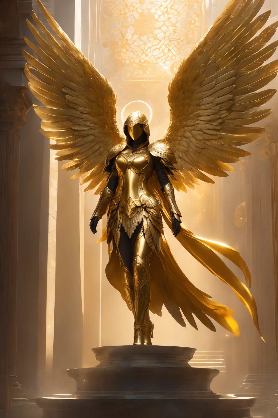 (golden armored angel,  wings made of energy,  metal halo on Tensor.Art