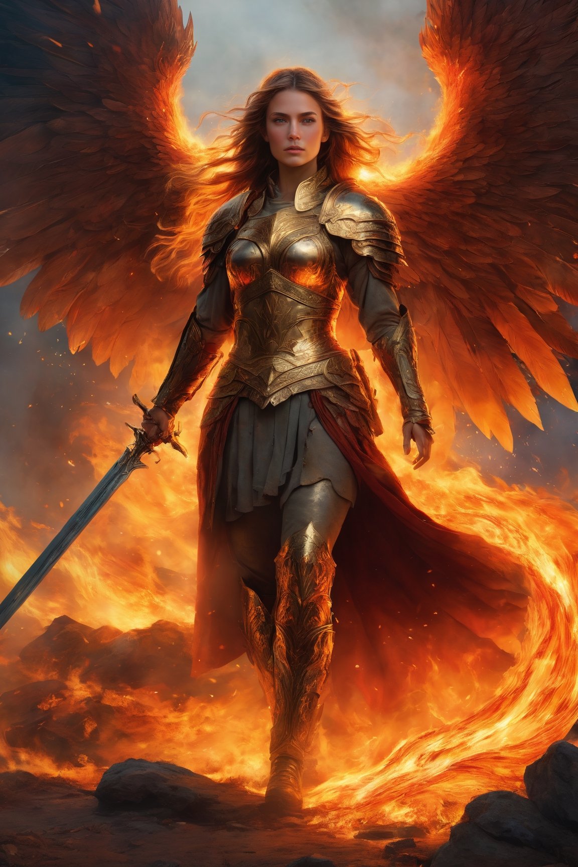A (high-quality,  8K,  masterpiece) portrait of a fierce warrior princess standing tall on a desolate battlefield. She wea...