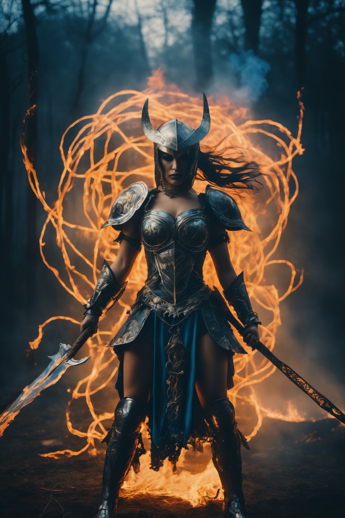 Immerse yourself in an ethereal and artistic composition featuring a metal maiden chaos warrior akin to Superman,  surroun...