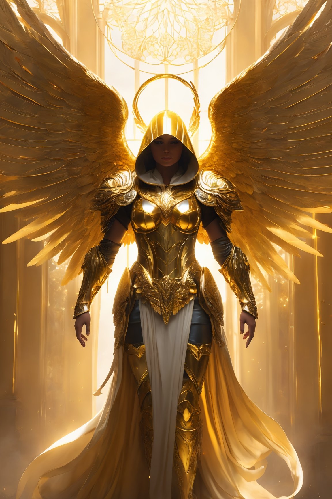 (golden armored angel,  wings made of energy,  metal halo on Tensor.Art