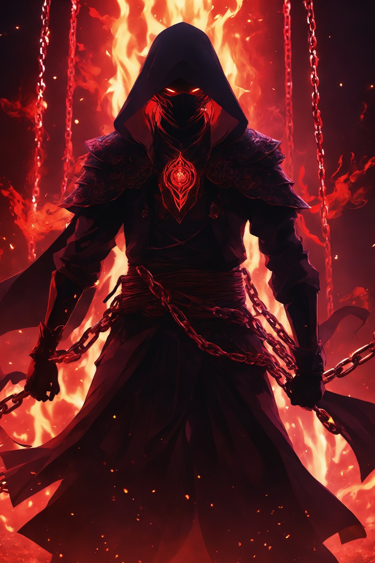 A striking anime character,  shrouded in shadows and poised for battle,  stands against a deep crimson background adorned...