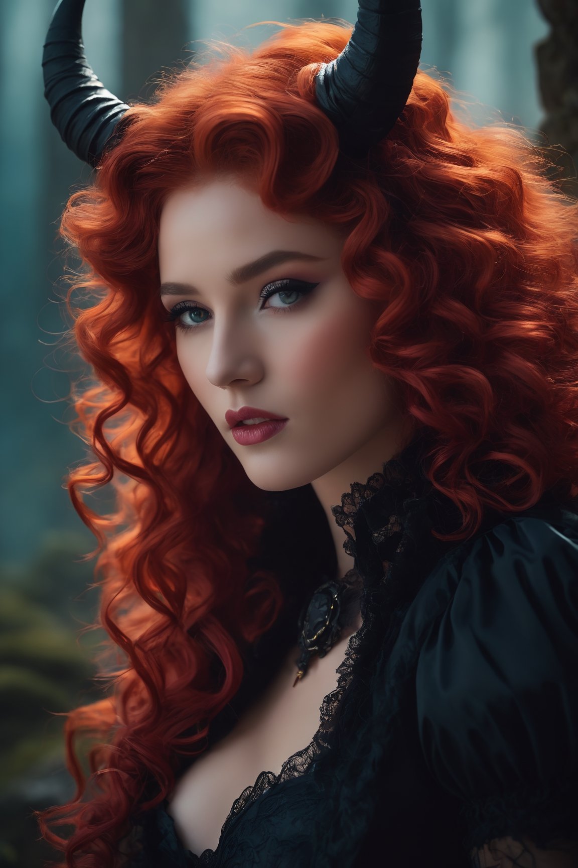 Step into a fantasy world with a character featuring curly red hair,  gloves,  and black stockings. Their face is impeccab...