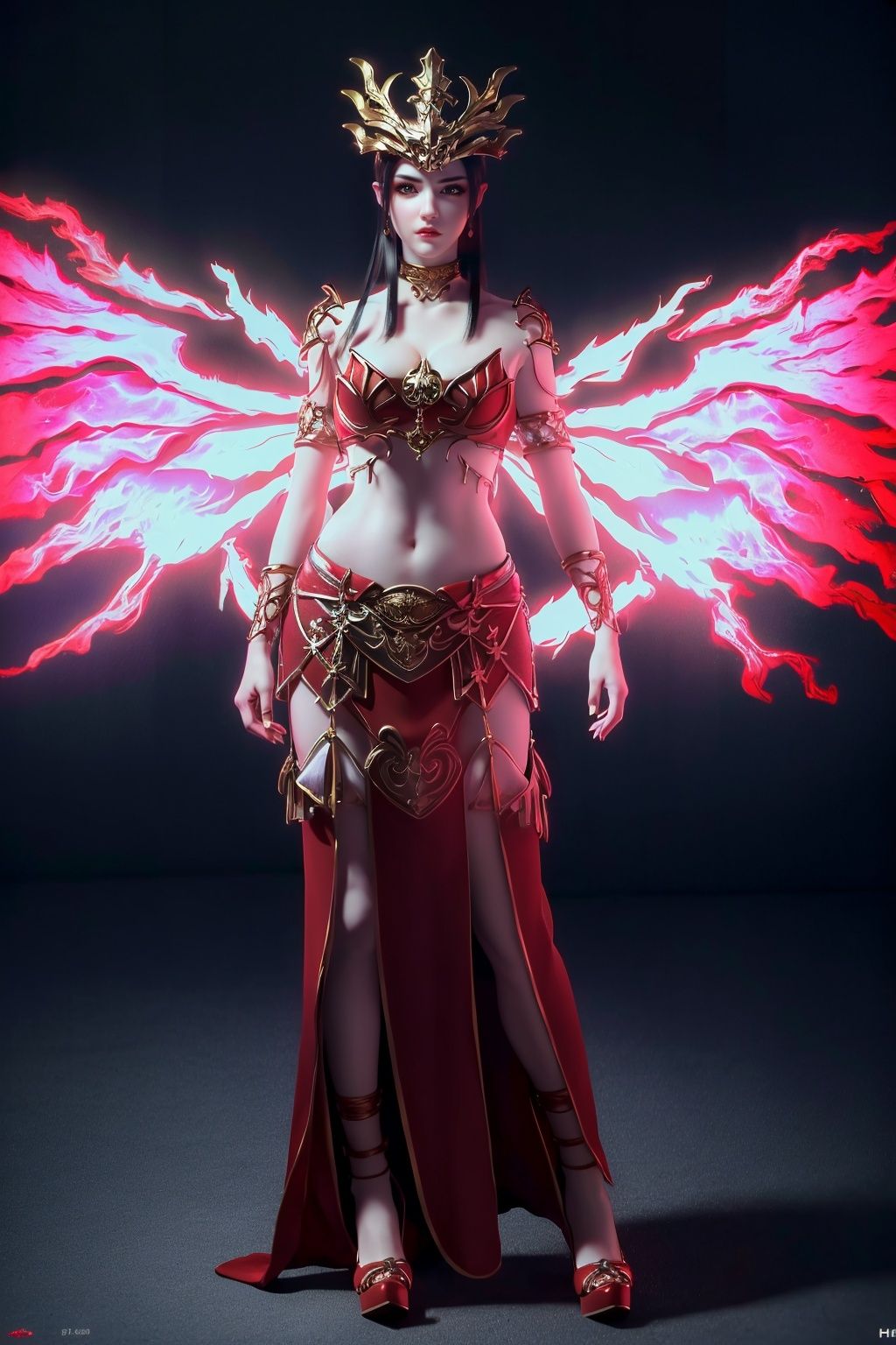 (8k, RAW photo, best quality, masterpiece:1.2),(super realistic, photo-realistic:1.3), ultra-detailed, extremely detailed cg 8k wallpaper,hatching (texture),skin gloss,light persona,(crystalstexture skin:1.2), (extremely delicate and beautiful),pov, (white_skin:1.2),1girl,solo,long_hair, bare shoulders,red_dress, ,skirt,(full body:1.2),high_heels, (((wings,red_wings))),(breasts, medium breasts, cleavage:1.2),(full shot),looking_at_viewer,  mds-hd,  mdsc-hd,<lora:108mdscb-000018:0.8>