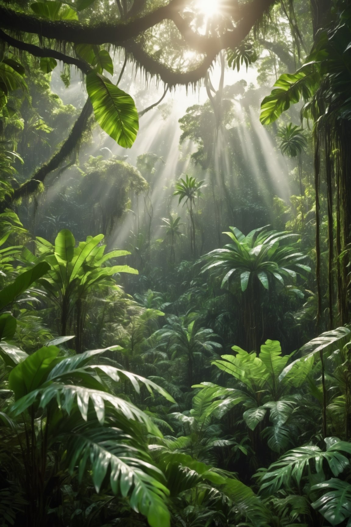 A dense rainforest canopy where sunlight pierces through,  highlighting the dew-covered leaves that gleam in shades of gre...