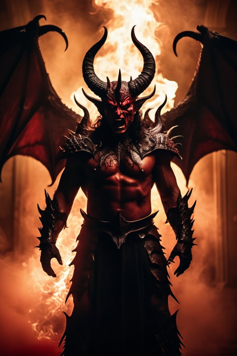 Horror-themed cinematic film still,  a horrifying red-skinned male demon king, on Tensor.Art