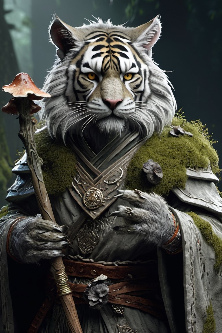 Style-SwampMagic Evil Undead tabaxi Zombie female mottled gray and rotting furred Undead tabaxi Zombie tiger,  up close,...
