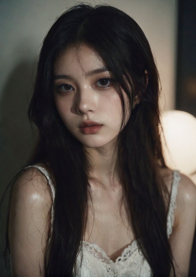 1girl,long hair,black hair,parted lips,brown eyes,brown hair,mole,standing,lips,moody lighting,polaroid,white dress,lace,white skin,surrealistic,<lora:girls_s4:0.4>,