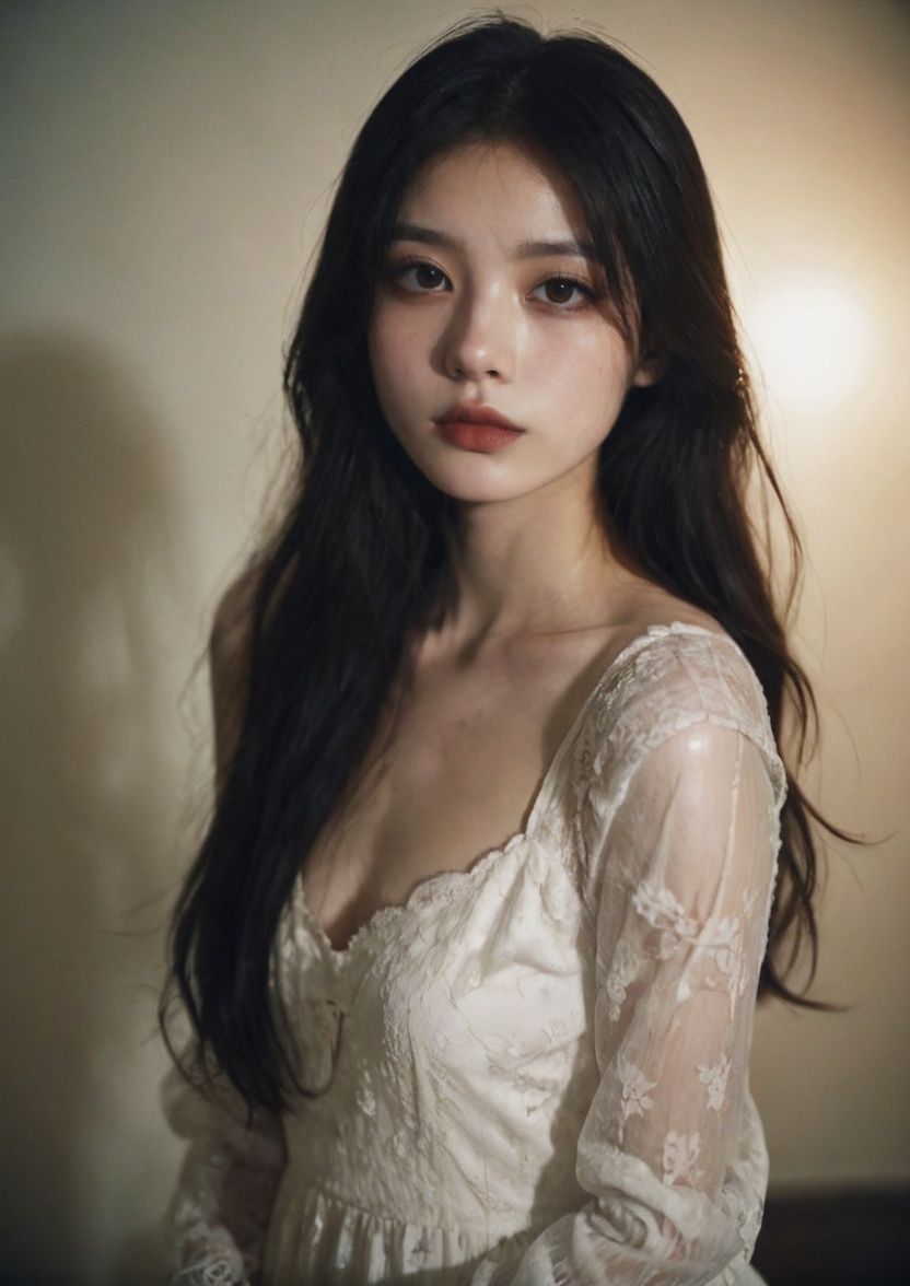 1girl,long hair,black hair,parted lips,brown eyes,brown hair,mole,standing,lips,moody lighting,polaroid,white dress,lace,white skin,surrealistic,<lora:girls_s4:0.4>,