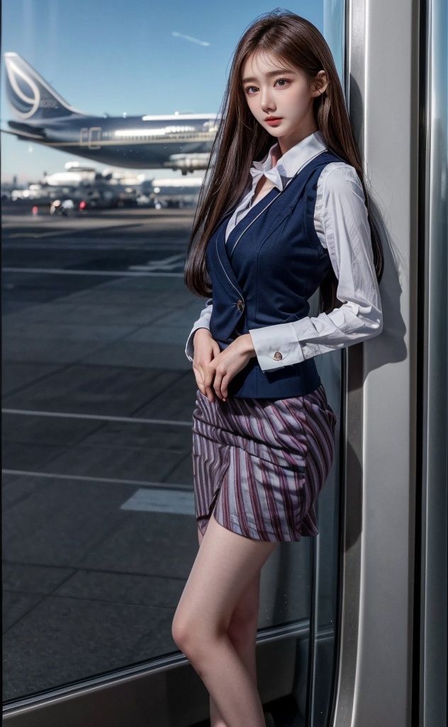 (Good anatomical structure), HDR, UHD, 8K, A real person, Highly detailed, best quality, masterpiece, 1girl, realistic, Highly detailed, (EOS R8, 50mm, F1.2, 8K, RAW photo:1.2), ultra realistic 8k, (best illumination, best shadow, extremely delicate and beautiful),(official art,beautiful and aesthetic:1.2), ,long_hair,, flowing hair,  airplane background,pose for picture,,looking_at_viewer,ouside,perfect body,full_body,lips, 1girl, solo, skirt,, vest,striped,black pantyhose,jingling,brown hair