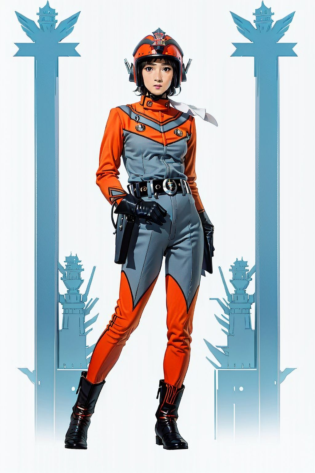 (masterpiece:1.3), (the best quality:1.2), (super fine illustrations:1.2), (Masterpiece), high quality, high detail,((white background:1.2)), looking at viewer, (SOLO:1.4),outline,,simple background,belt pouch, choker, bodysuit,gloves,helmet,uniform,armor,pants,logo,military uniform,emblem,boots,belt,tac style