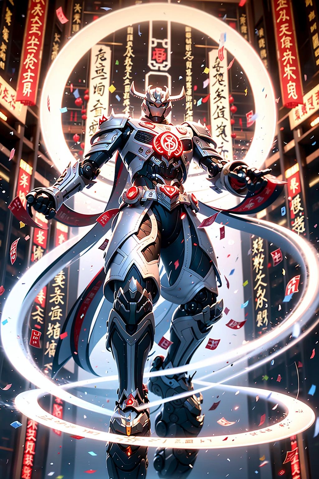 Surrounded by rotating transparent red scrolls, floating transparent red Chinese characters, dynamic, rotating, 1 man standing in the air, not looking at the camera, writing calligraphy, solo, blue eyes, holding, weapon, holding weapon, glow, robot, mecha, science fiction, open_hand,v-fin, movie lighting, strong contrast, high level of detail, best quality, masterpiece, white background,qingsha,Daofa Rune,glint sparkle,Flowing scroll