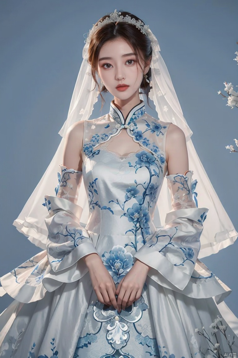  masterpiece, The best quality, 1girl, luxurious wedding dress, dreamy scene, white background, front viewer, looking at viewer, Flowers, romantic, Bride, Translucent white turban, UHD, 16k, , sparkling dress, , , , chinese dress,white dress,
chinese clothes,dress,white dress,floral print,china dress,blue dress,hanfu,long sleeves,print dress,robe,skirt,sleeveless dress,widesleeves, weddingdress, , BY MOONCRYPTOWOW,wangzuxian,HALO, lijiaxin