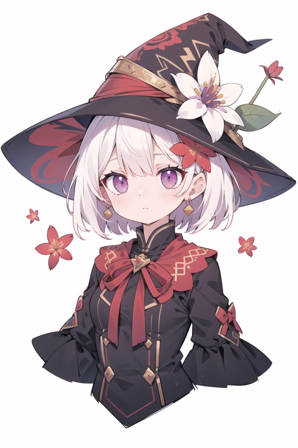 quality_best,style_onineko,(Distinct pupils)(Clear eyes),wizard hat,1girl,solo,c,earrings,looking at viewer,flower,short hair,bangs,closed mouth,simple background,black headwear,white background,red flower,upper body,white hair,hair intakes,frills,purple eyes,hair ornament,expressionless,hat flower,eyelashes,best quality,