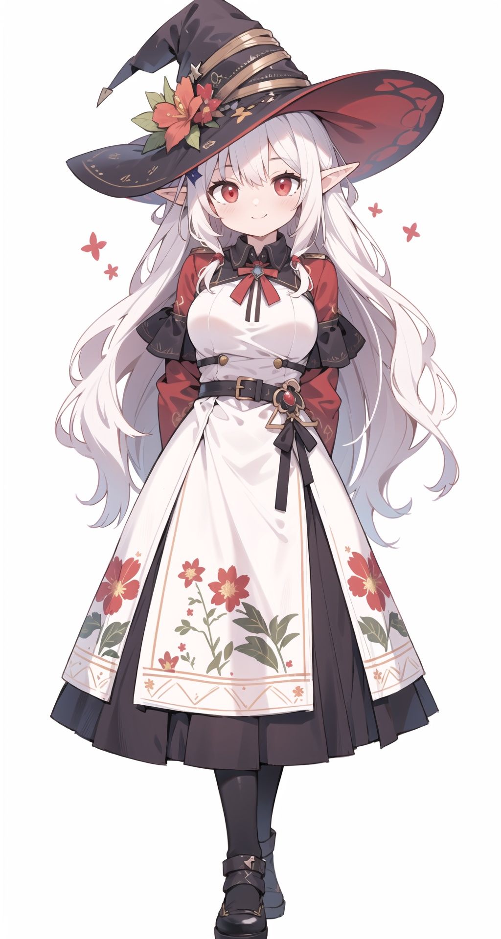 (masterpiece:1.2),(arms behind back:1.2),best quality,game cg,1girl,solo,long hair,white hair,hair ornament,dress,full body,looking at viewer,simple background,red eyes,standing,hair flower,white background,white dress,closed mouth,long sleeves,skirt,wavy hair,blush,large breasts,smile,very long hair,hand up,floral print,witch hat,elf,