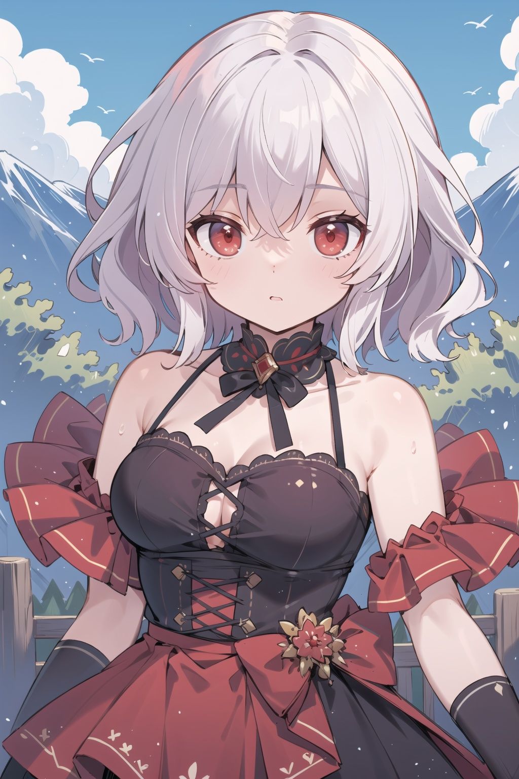 (masterpiece, best quality, high quality, highres, ultra-detailed),short hair,silver hair,red eyes,wavy hair,breasts,frills,outdoors,mountain,close-up,alternate costume,