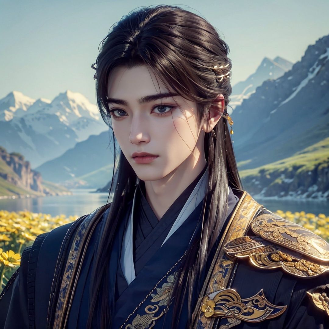 high details, high quality, anatomically correct, textured skin,1 Boy, Male Focus, Long Hair, Solo, Dark Hair, Chinese Costume, Realistic, Blurred, Hairpieces, Outdoors, Nature, Look at Camera,jingxuan,oriental art, wide angle lens,  Mountains in the distance, rivers in the vicinity, chrysanthemums, osmanthus,