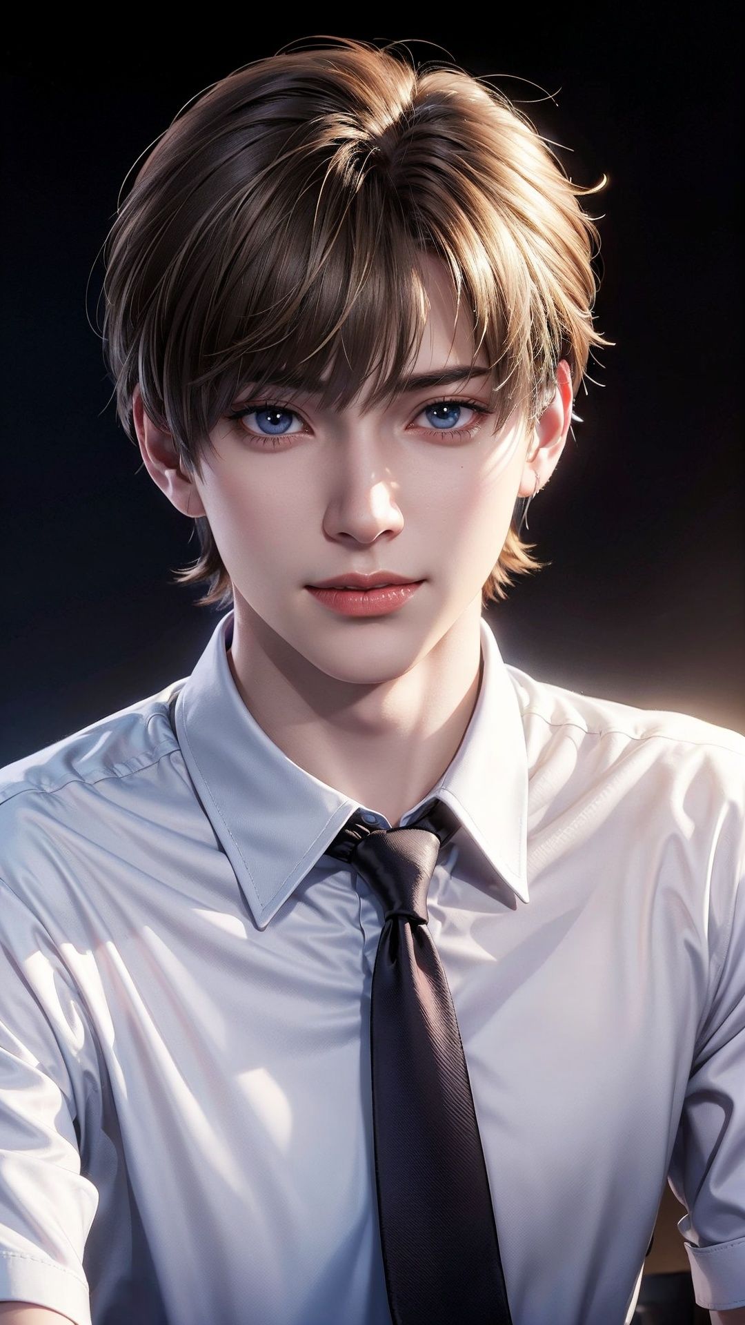 Masterpiece, Ultra High Resolution, (Realisticity:1.4), Original Photo, 1boy, blunt bangs, smile, masterpiece, semi-realistic, blonde hair, short hair, slicked back hair, Leather shoes,purple eyes, looking at the viewer, handsome face, upper body, wearing a black sando, muscular boy, male focus, necktie, blue eyes, hogwarts school uniform, brown hair, portrait, shirt, realistic, school uniform, collared shirt, short hair, white shirt, black background, bangs, Cinematic Lighting, Best Quality, best quality,Visual impact