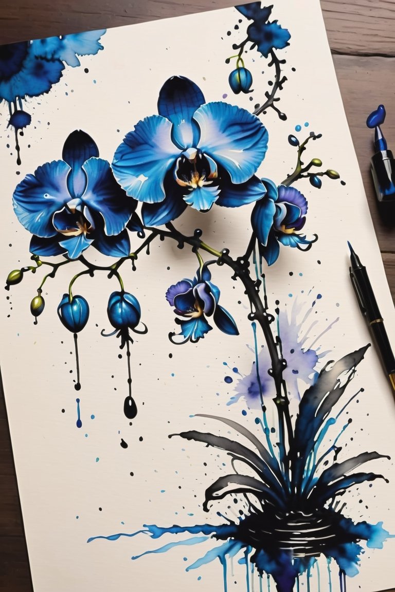 a 3 flower'd blue orchid,  Inkstains,  high quality on Tensor.Art