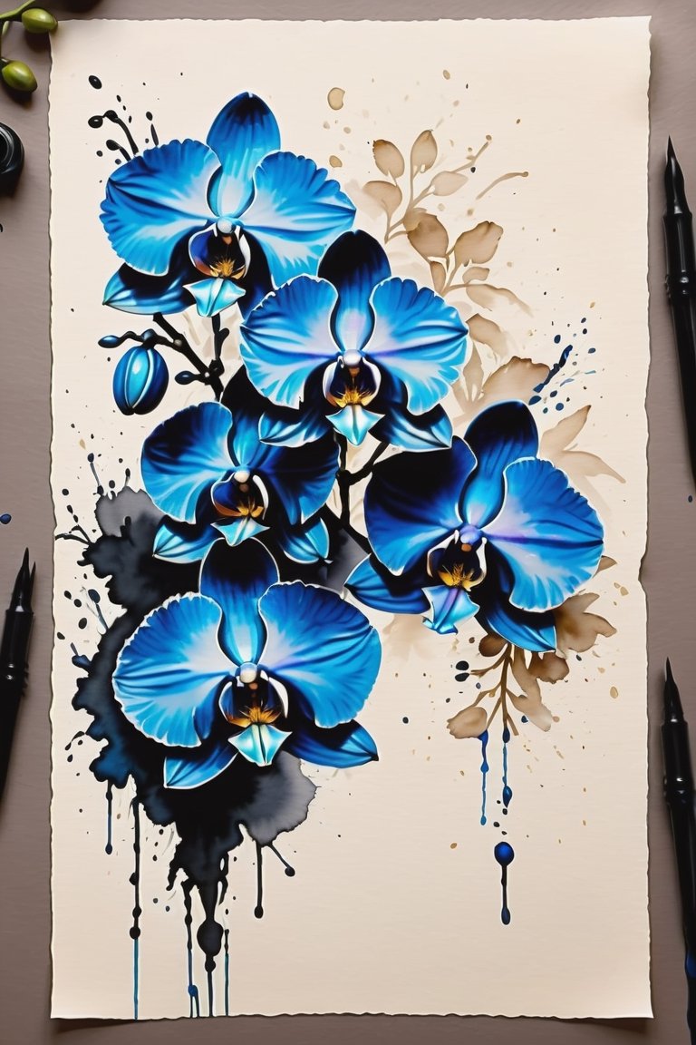 a 3 flower'd blue orchid,  Inkstains,  high quality on Tensor.Art