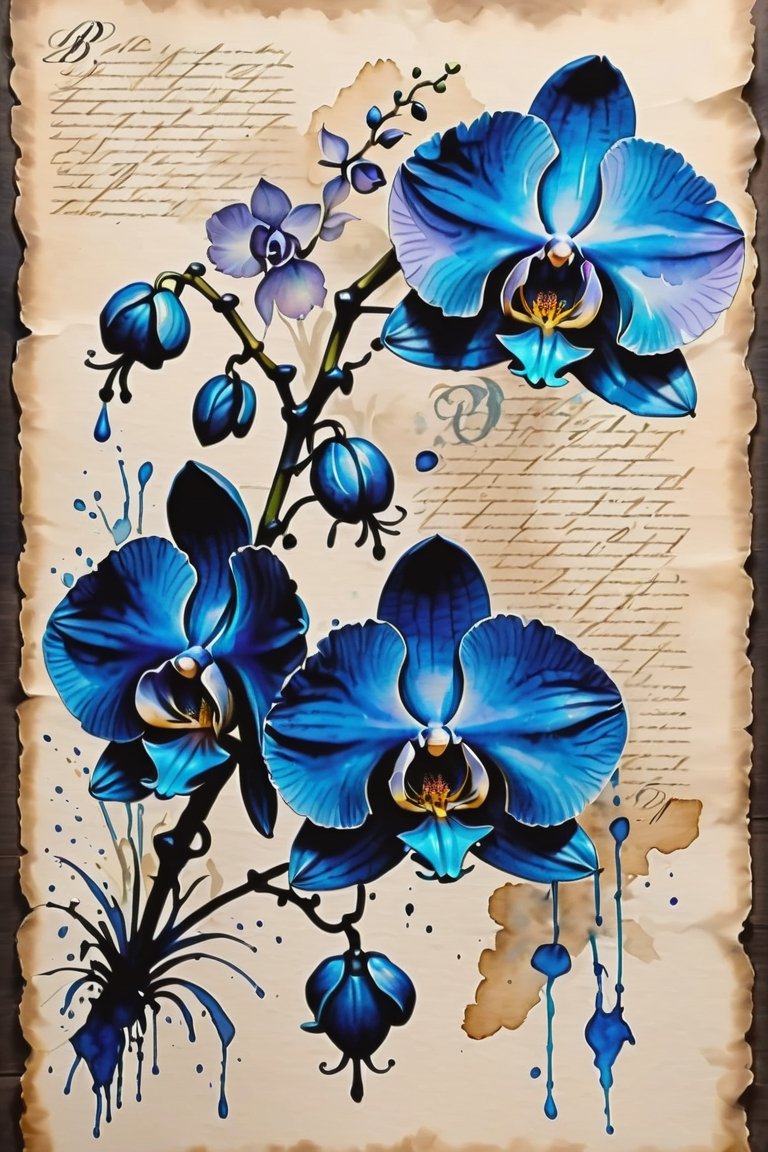 a 3 flower'd blue orchid,  Inkstains,  high quality on Tensor.Art