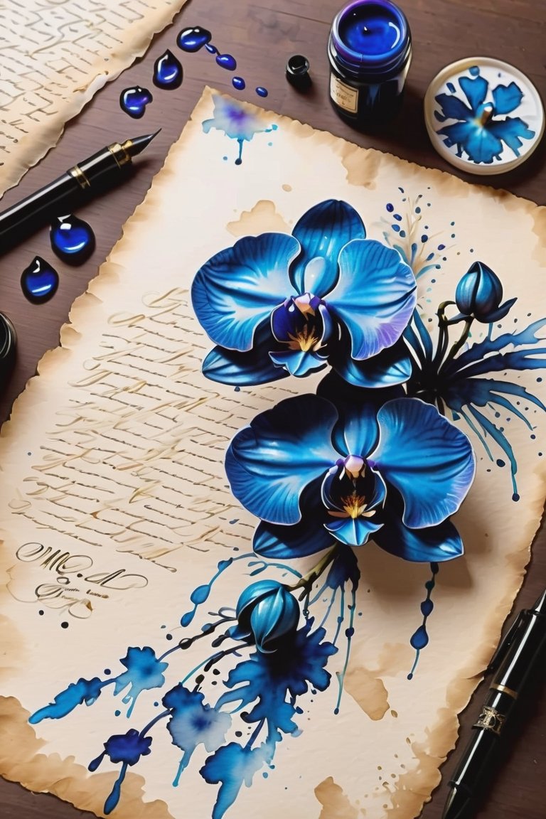 a 3 flower'd blue orchid,  Inkstains,  high quality on Tensor.Art