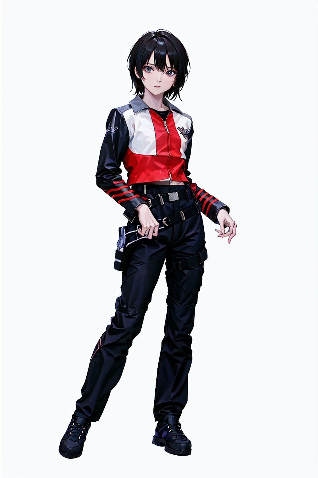 (masterpiece:1.3), (the best quality:1.2), (super fine illustrations:1.2), (Masterpiece), high quality, high detail,((white background:1.2)), looking at viewer, (SOLO:1.4),outline,,simple background,  hat,jacket,zipper,belt,pants,black footwear,striped,black pants,emblem,military uniform,uniform,logo,hat