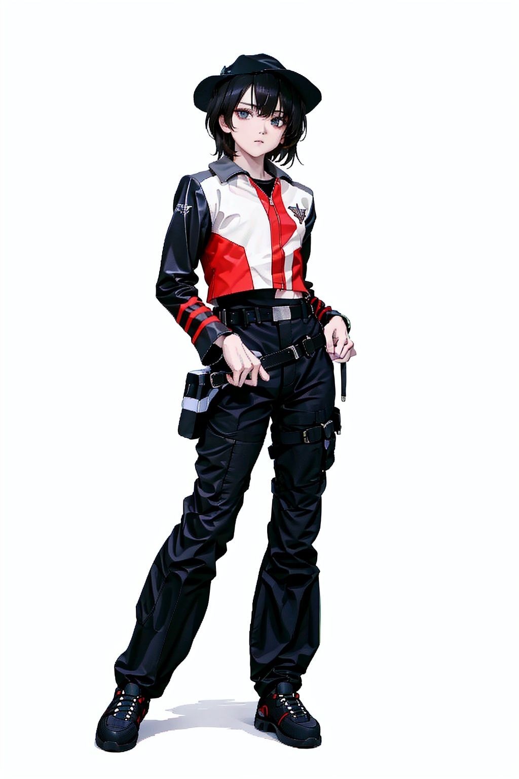 (masterpiece:1.3), (the best quality:1.2), (super fine illustrations:1.2), (Masterpiece), high quality, high detail,((white background:1.2)), looking at viewer, (SOLO:1.4),outline,,simple background,  hat,jacket,zipper,belt,pants,black footwear,striped,black pants,emblem,military uniform,uniform,logo,hat